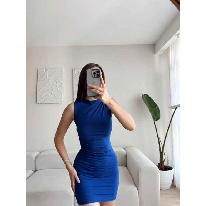 Drapeli Mini Elbise - SAKS MAVİSİ