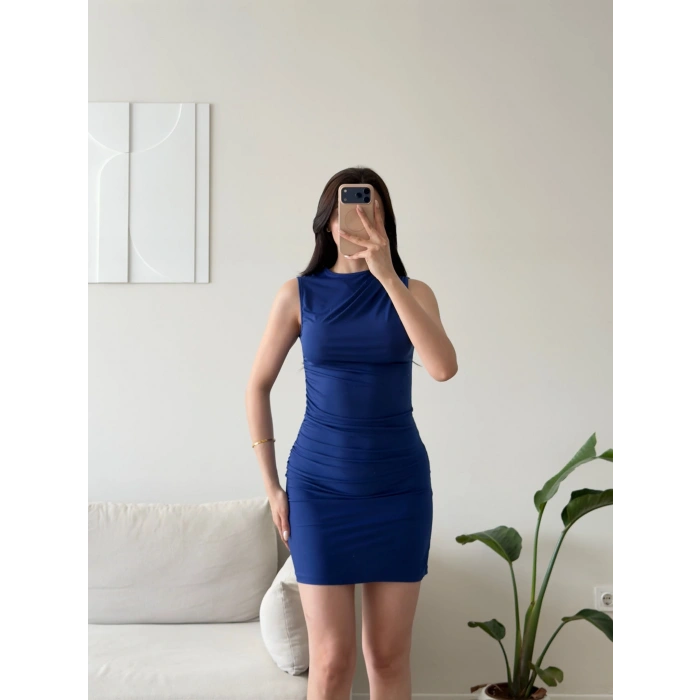 Drapeli Mini Elbise - SAKS MAVİSİ