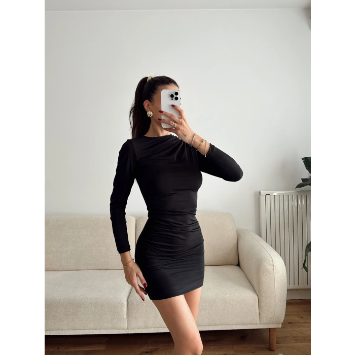 Drapeli Mini Elbise - SİYAH