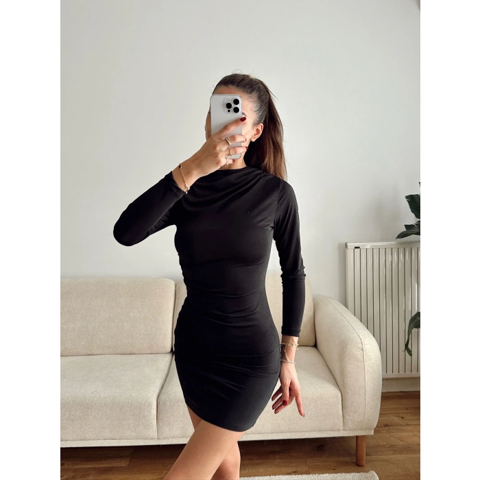 Drapeli Mini Elbise - SİYAH