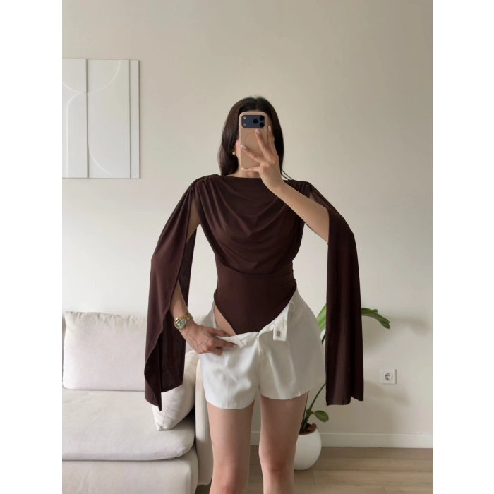 Drapeli Pelerin Bodysuit - KAHVE
