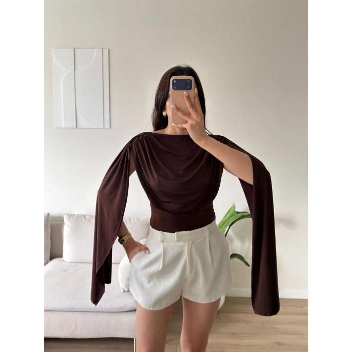 Drapeli Pelerin Bodysuit - KAHVE