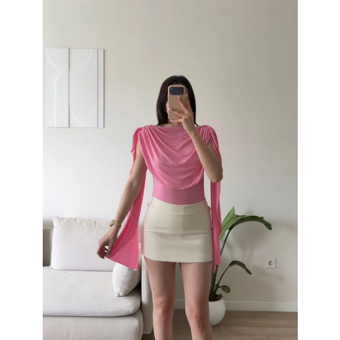 Drapeli Pelerin Bodysuit - PEMBE