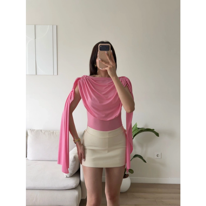 Drapeli Pelerin Bodysuit - PEMBE