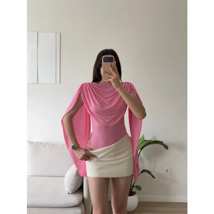Drapeli Pelerin Bodysuit - PEMBE