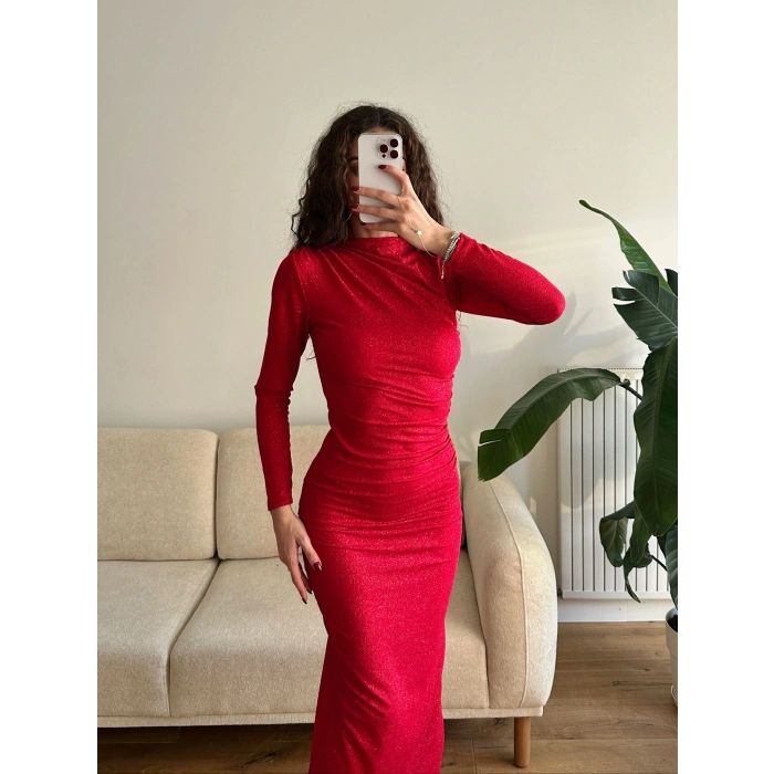 Drapeli Simli Long Elbise - KIRMIZI