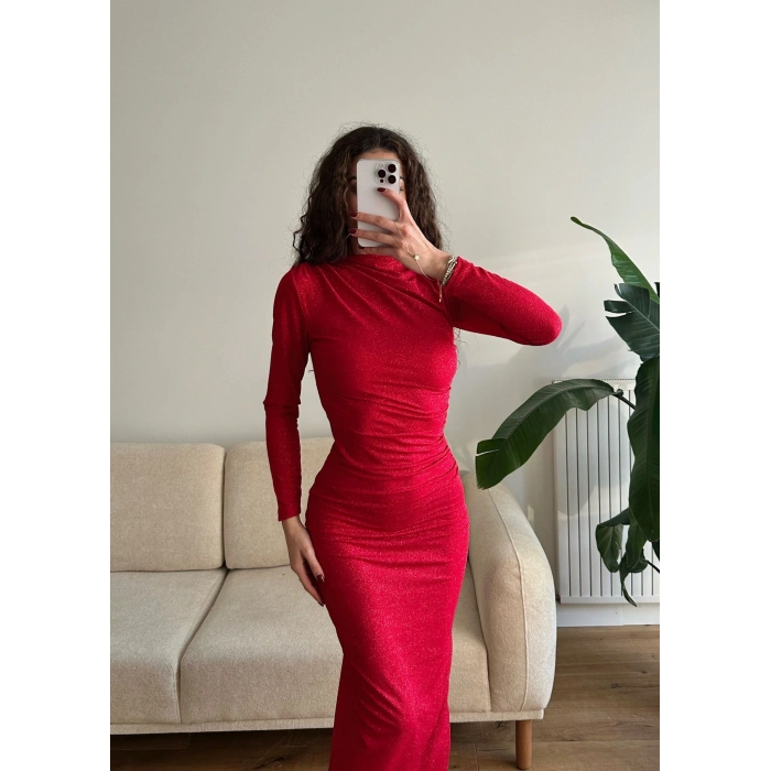 Drapeli Simli Long Elbise - KIRMIZI