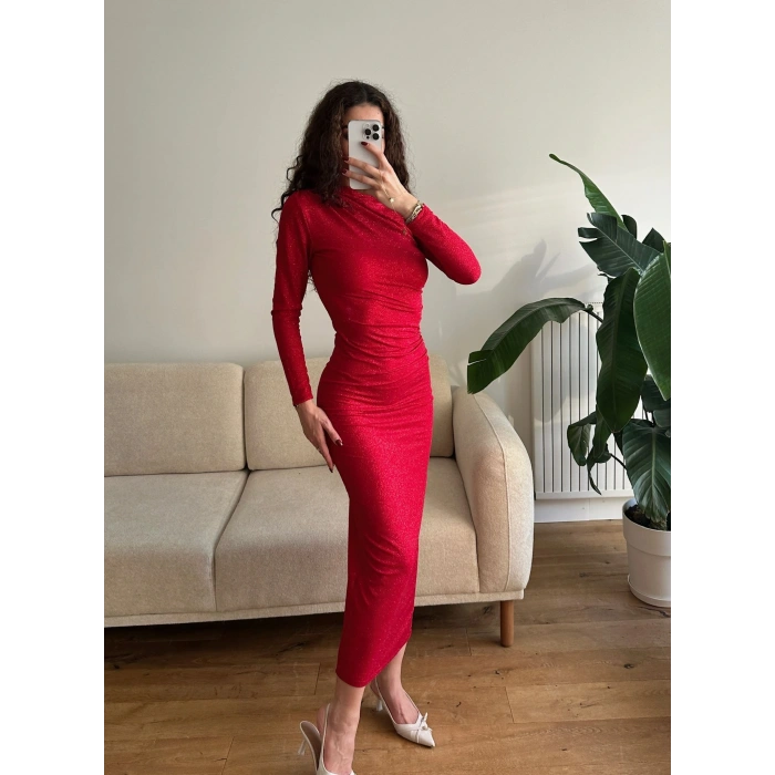 Drapeli Simli Long Elbise - KIRMIZI