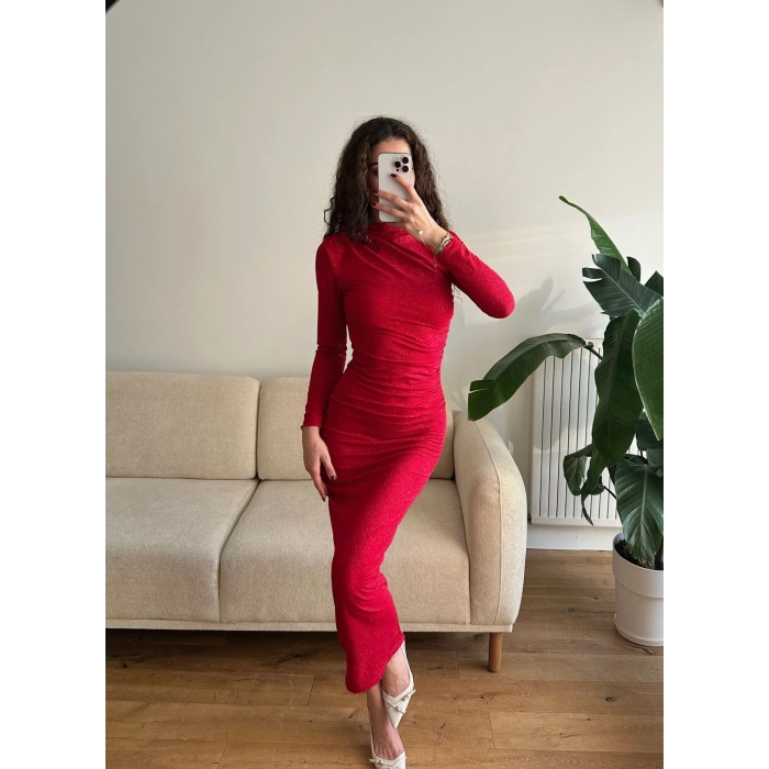 Drapeli Simli Long Elbise - KIRMIZI