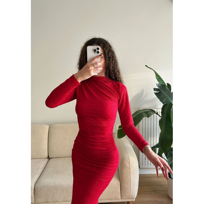 Drapeli Simli Long Elbise - KIRMIZI