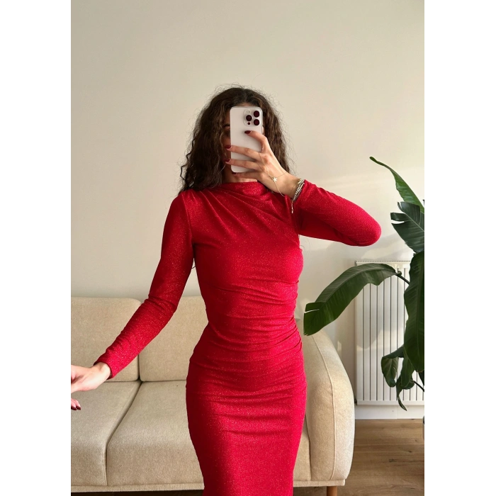 Drapeli Simli Long Elbise - KIRMIZI