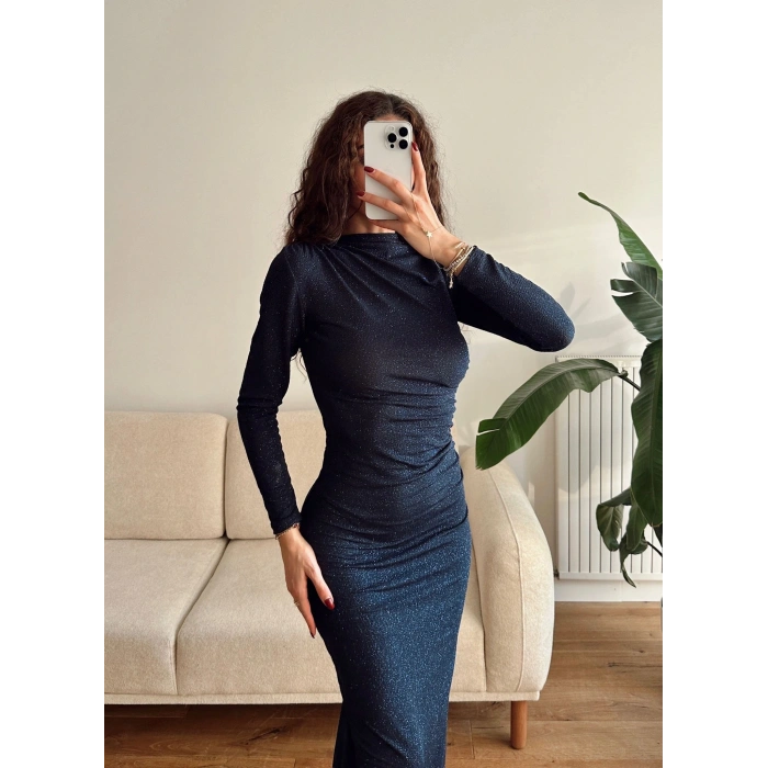 Drapeli Simli Long Elbise - LACİVERT