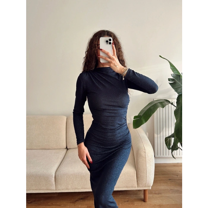 Drapeli Simli Long Elbise - LACİVERT