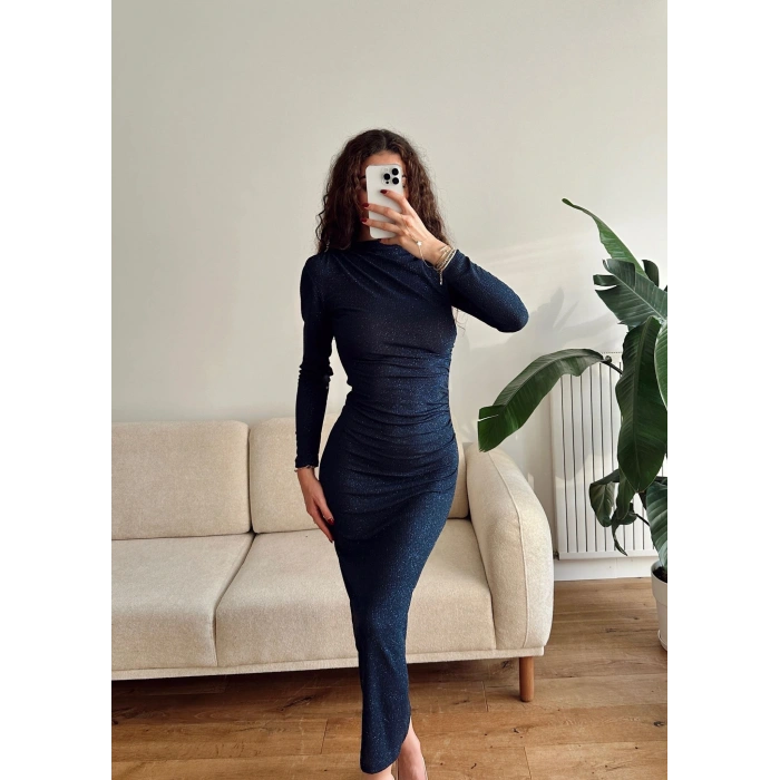 Drapeli Simli Long Elbise - LACİVERT