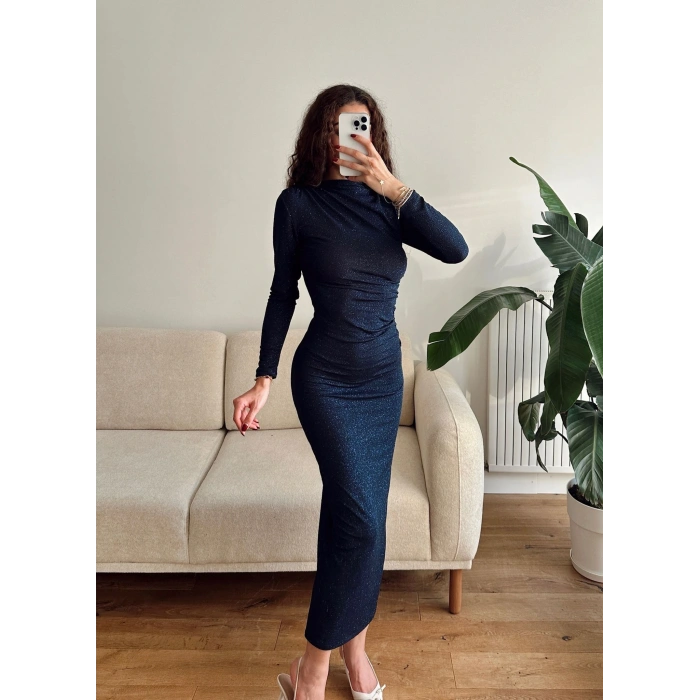 Drapeli Simli Long Elbise - LACİVERT