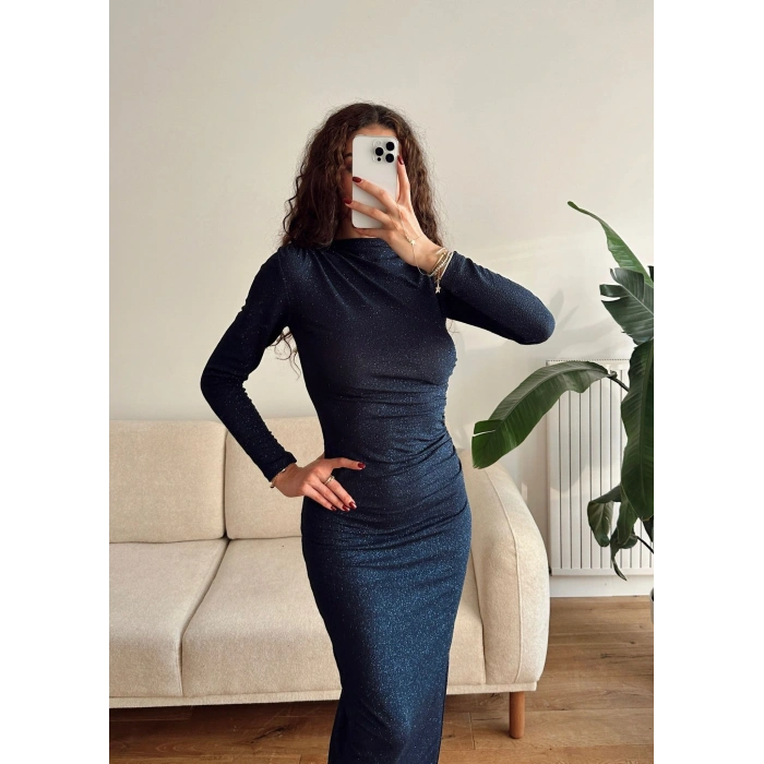 Drapeli Simli Long Elbise - LACİVERT