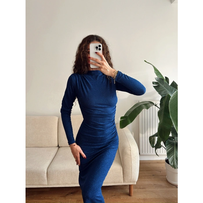 Drapeli Simli Long Elbise - SAKS MAVİSİ