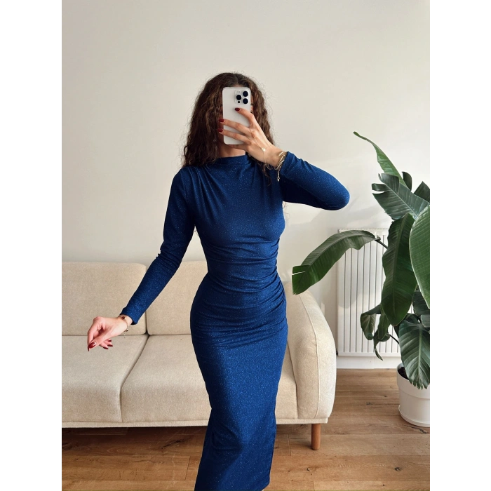 Drapeli Simli Long Elbise - SAKS MAVİSİ