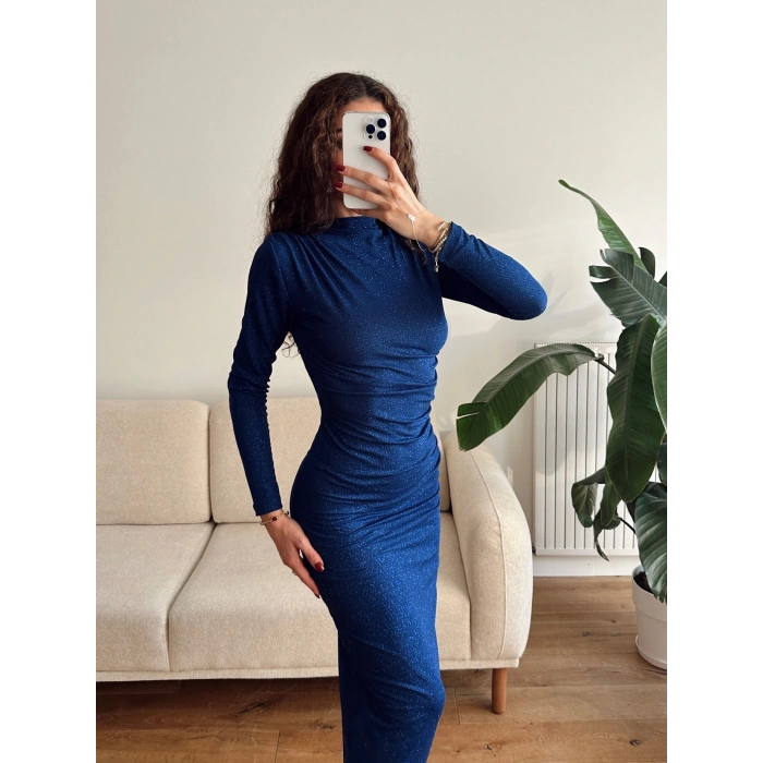 Drapeli Simli Long Elbise - SAKS MAVİSİ