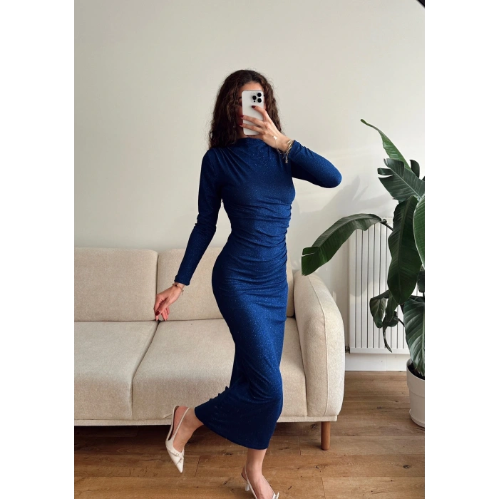 Drapeli Simli Long Elbise - SAKS MAVİSİ