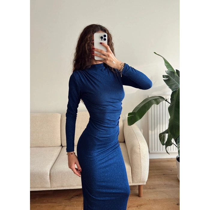 Drapeli Simli Long Elbise - SAKS MAVİSİ