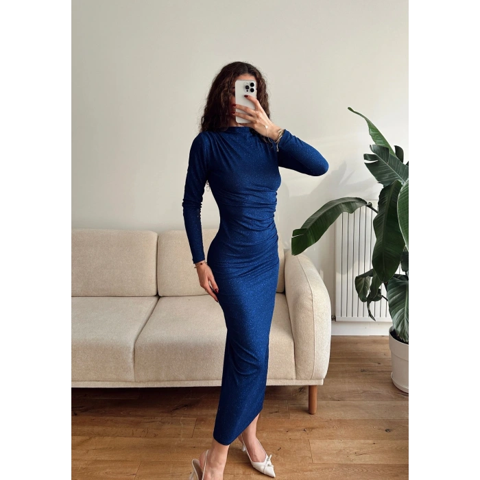 Drapeli Simli Long Elbise - SAKS MAVİSİ