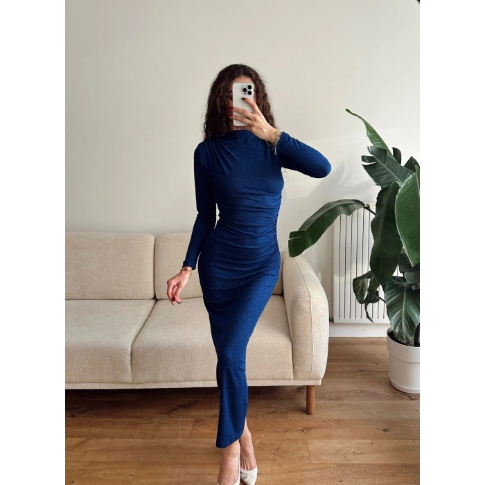 Drapeli Simli Long Elbise - SAKS MAVİSİ