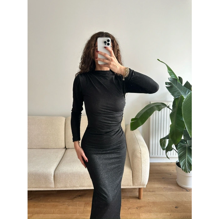 Drapeli Simli Long Elbise - SİYAH