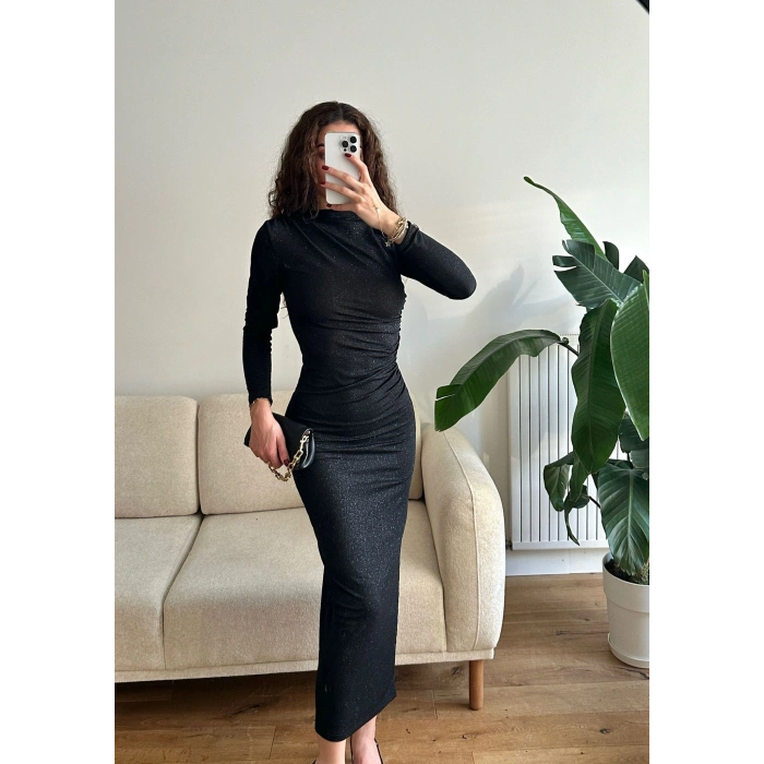 Drapeli Simli Long Elbise - SİYAH