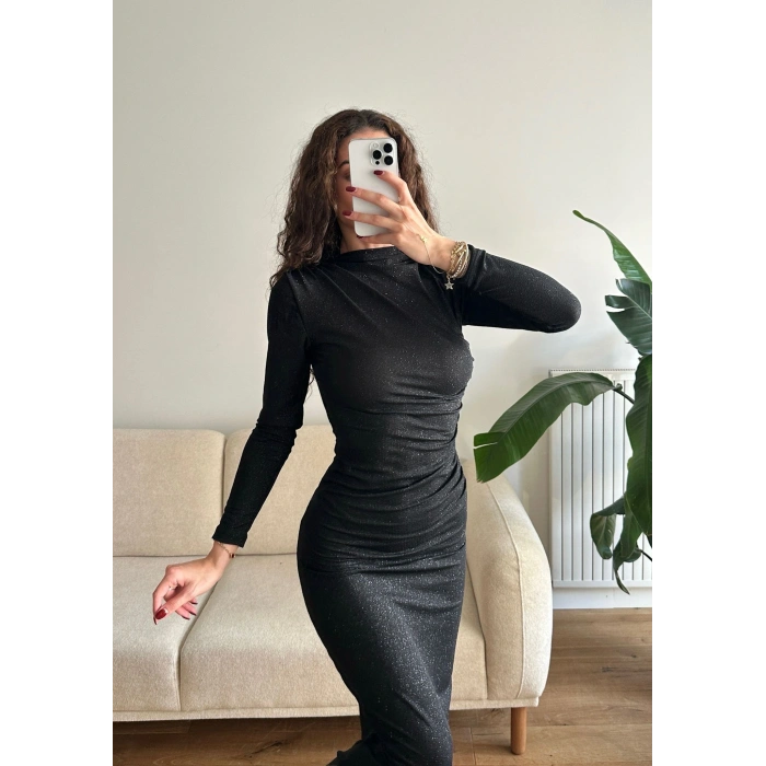 Drapeli Simli Long Elbise - SİYAH