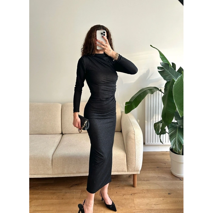 Drapeli Simli Long Elbise - SİYAH