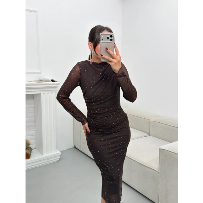 Drapeli Taşlı Tül Elbise - KAHVE