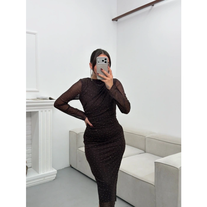 Drapeli Taşlı Tül Elbise - KAHVE