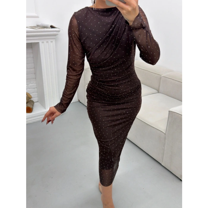 Drapeli Taşlı Tül Elbise - KAHVE