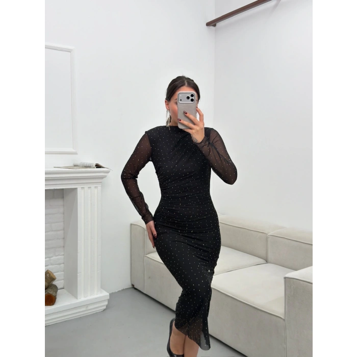 Drapeli Taşlı Tül Elbise - SİYAH