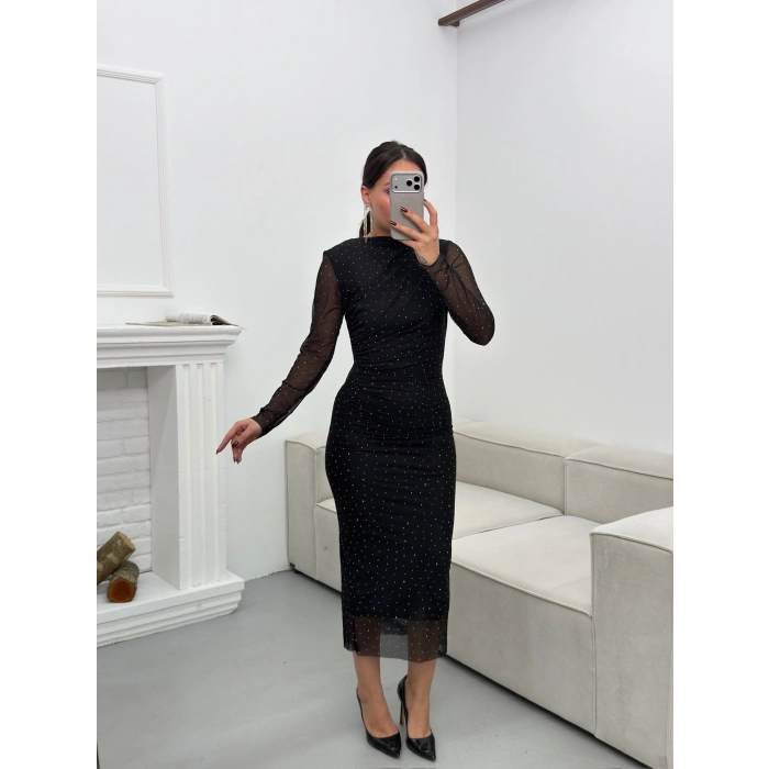 Drapeli Taşlı Tül Elbise - SİYAH