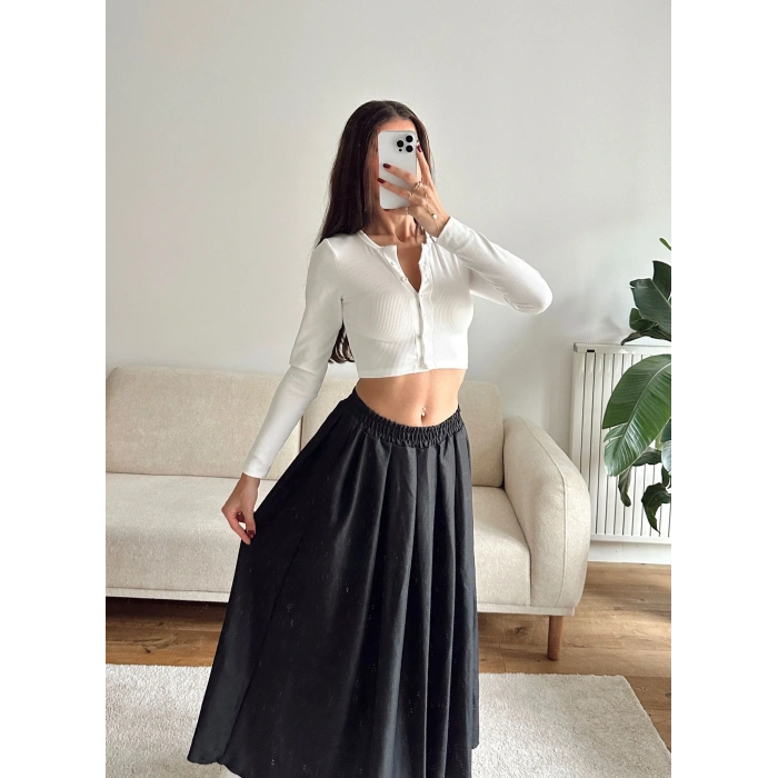 Düğme Detay Crop - BEYAZ