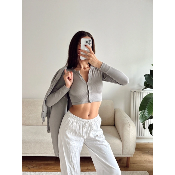 Düğme Detay Crop - GRİ