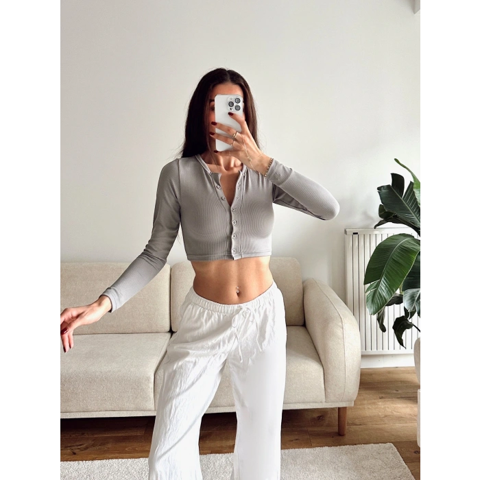 Düğme Detay Crop - GRİ