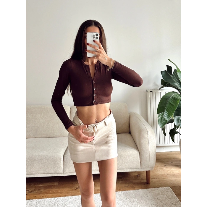 Düğme Detay Crop - KAHVE