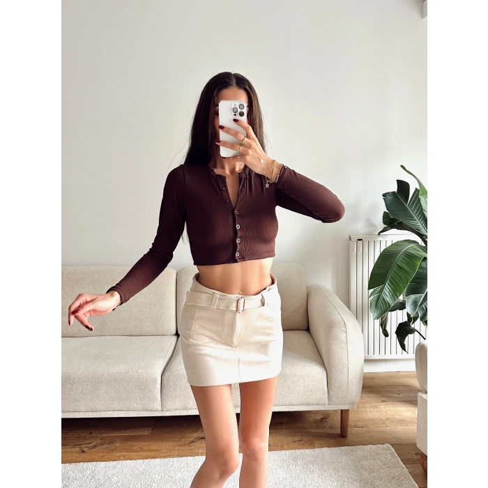 Düğme Detay Crop - KAHVE