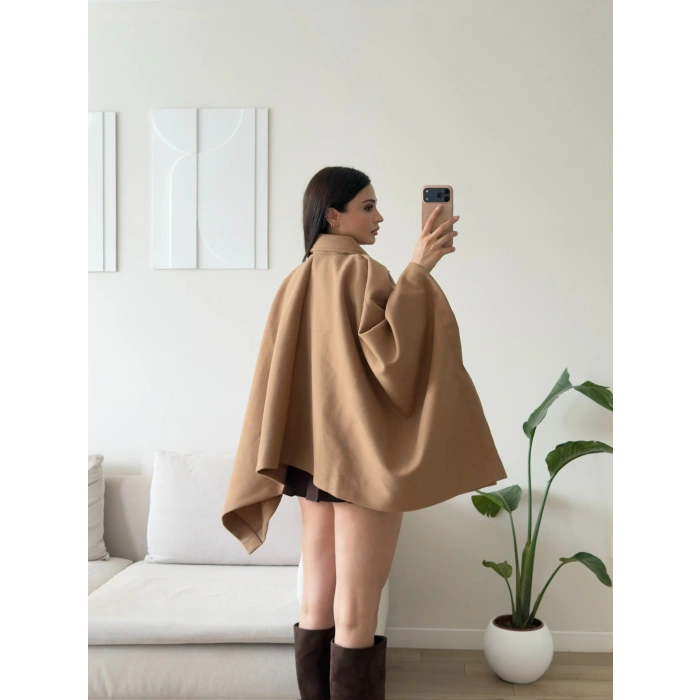Düğme Detay Pelerin Panço Ceket - CAMEL