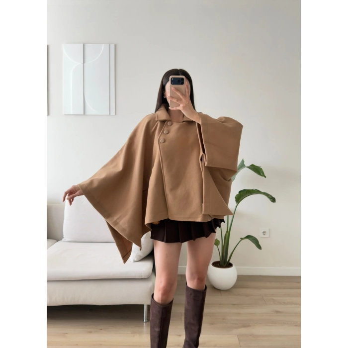 Düğme Detay Pelerin Panço Ceket - CAMEL
