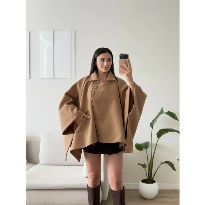 Düğme Detay Pelerin Panço Ceket - CAMEL