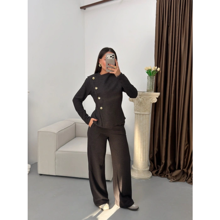 Düğmeli Asimetrik Triko Takım - ANTRASİT