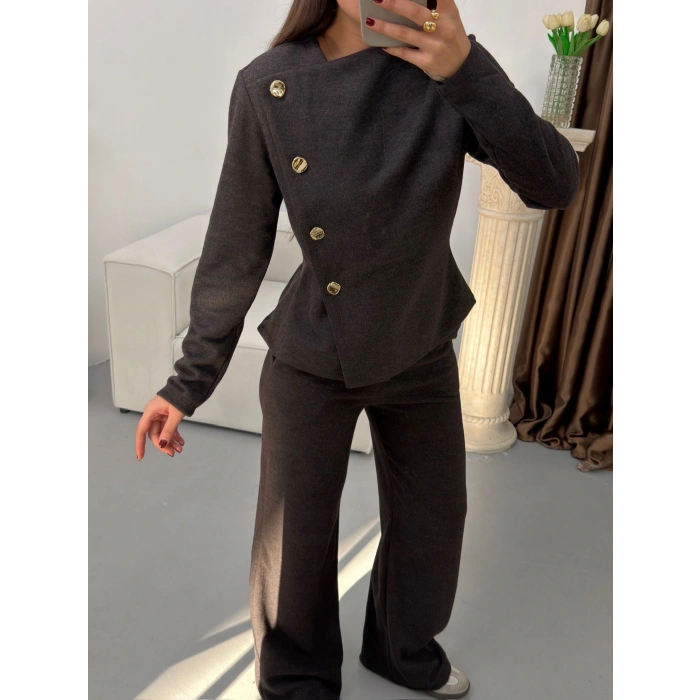 Düğmeli Asimetrik Triko Takım - ANTRASİT