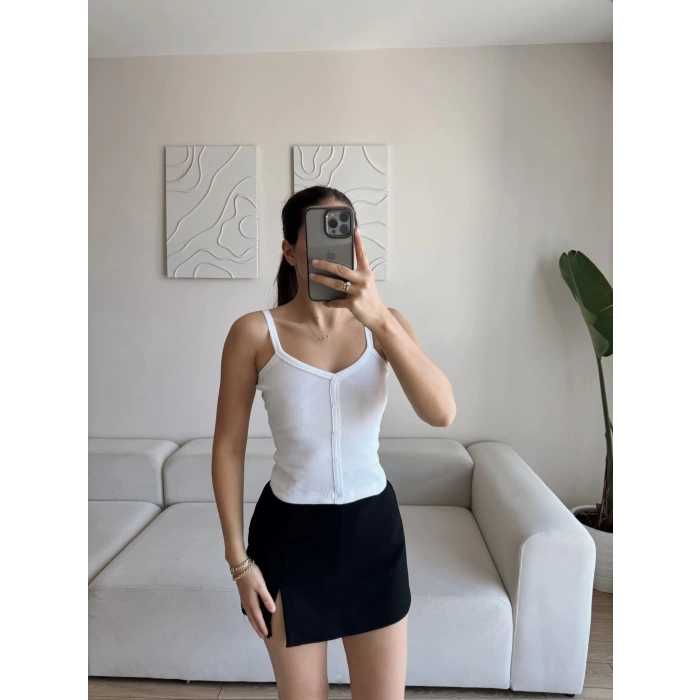 Düğmeli Askılı Crop - BEYAZ