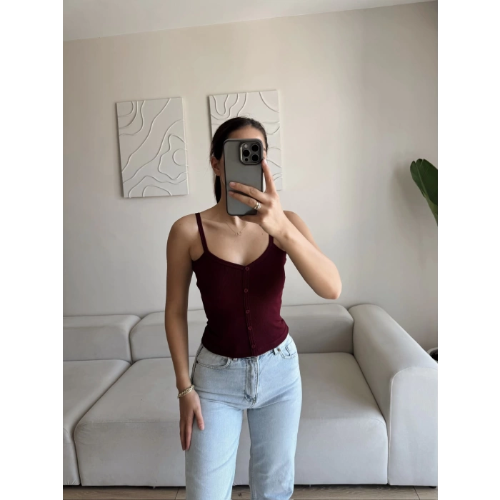Düğmeli Askılı Crop - BORDO