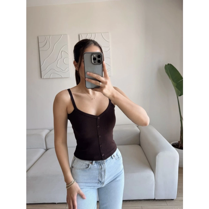 Düğmeli Askılı Crop - KAHVE