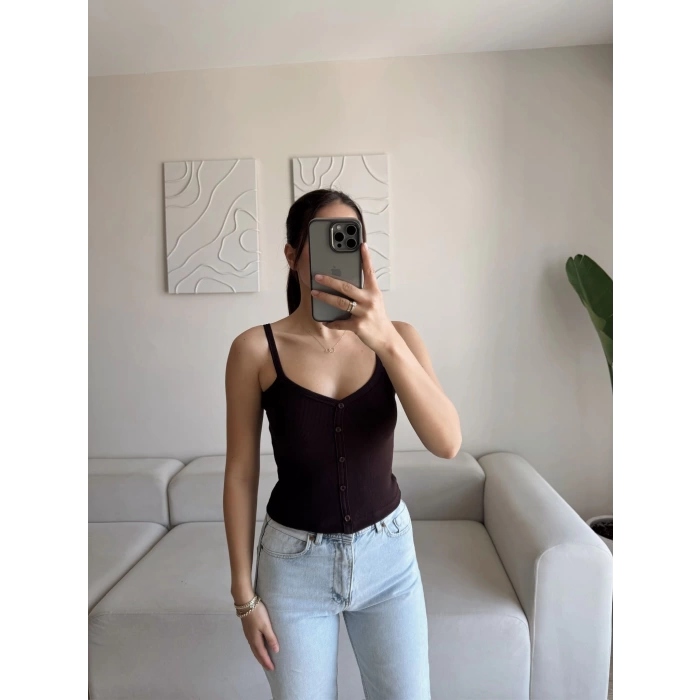 Düğmeli Askılı Crop - KAHVE